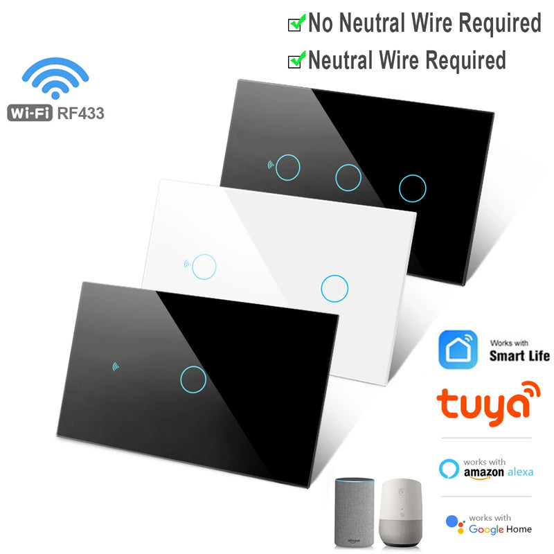 Tuya WiFi US Smart Light Switch Wall Touch Switch  Neutral wire/No Neutral wire Required 120 Type Work with Alexa, Google Home